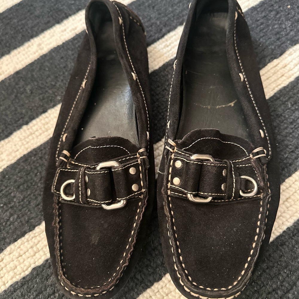 Prada Black Suede Loafers with Buckle Detail